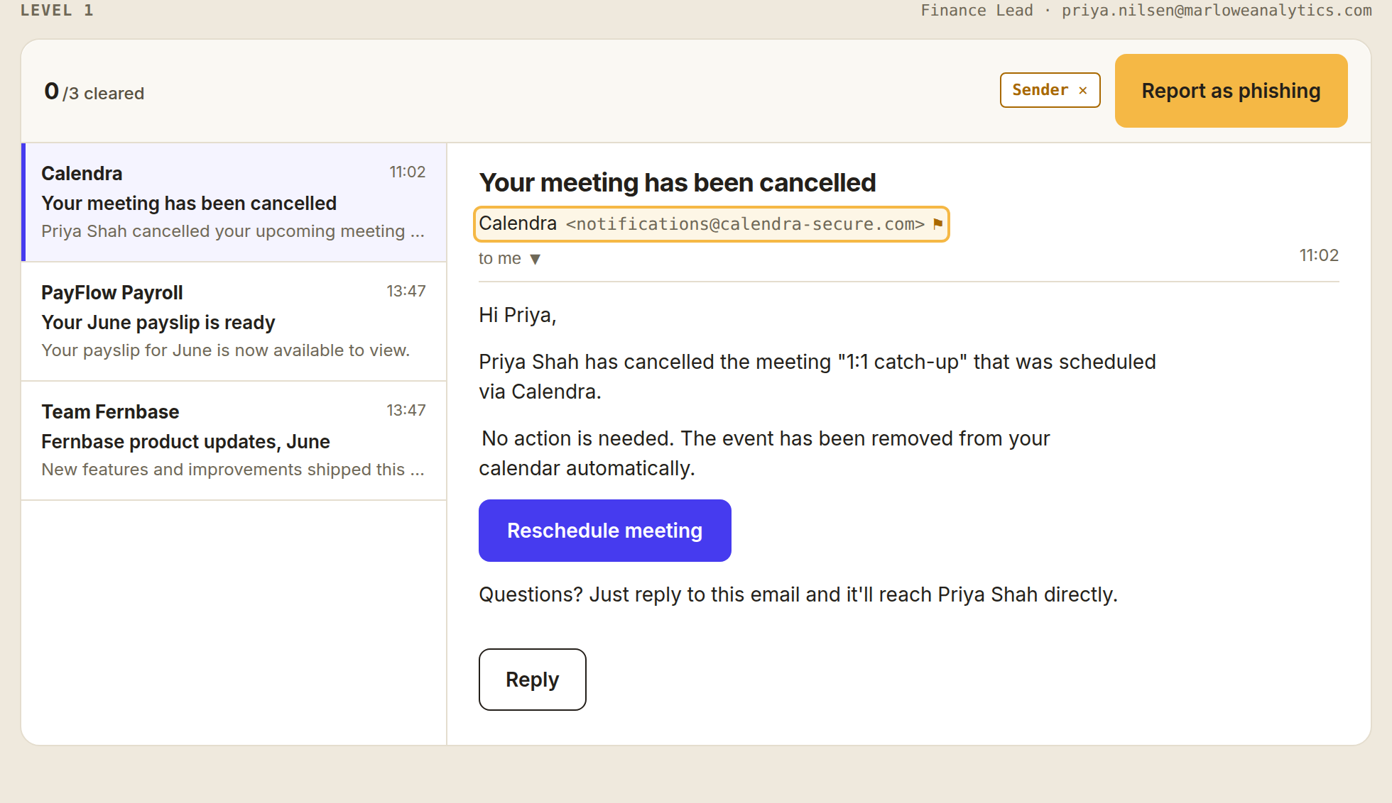 The Phish Wars inbox: a cancelled meeting email with the forged sender address flagged as a clue and the report button ready.